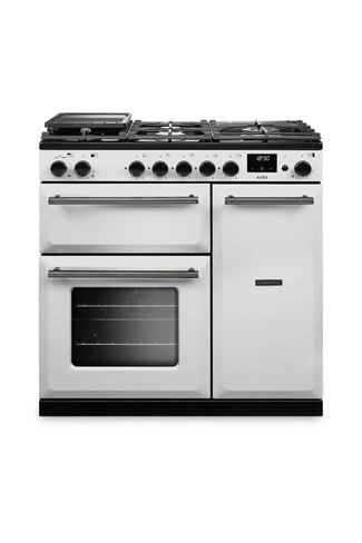 Rangemaster AURA90DFP-19275 90cm Dual Fuel Range Cooker - White with Onyx trim
