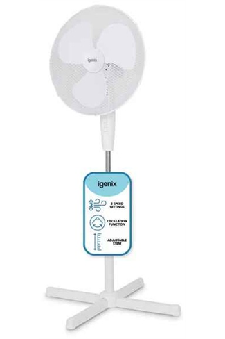 Igenix DF1655 White 16" Oscillating Pedestal Fan 3 Speed