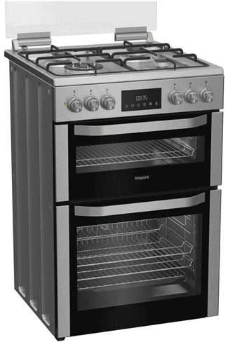 Hotpoint HDD6GDC2WX Stainless Steel 60cm Freestanding Dual Fuel Double Cooker with Glass Lid
